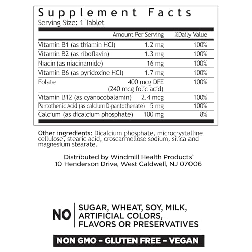 Windmill Natural Vitamins B Complex bottle close-up highlighting B1 to B12