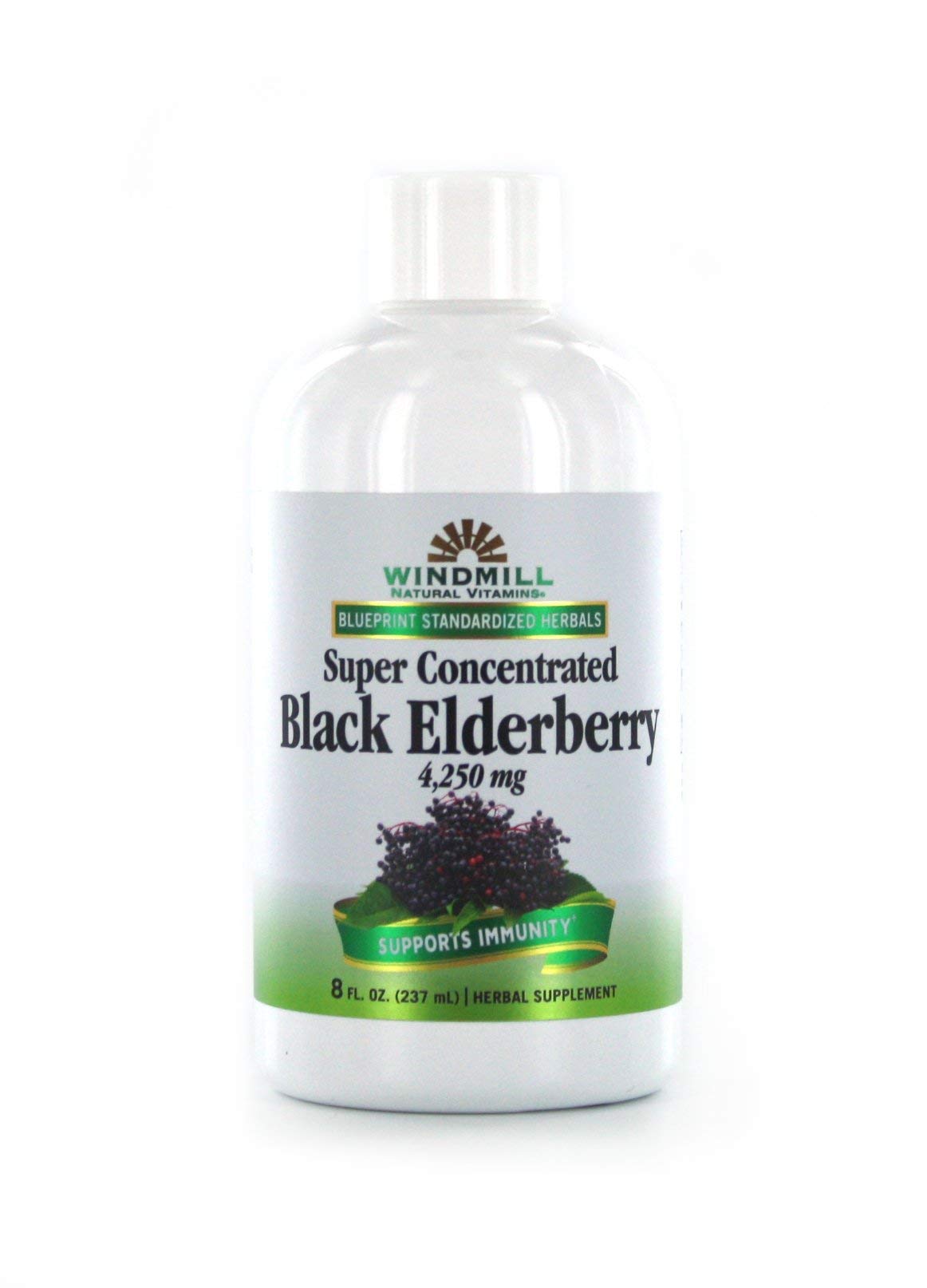 Windmill Black Elderberry liquid bottle showing immune-support formula