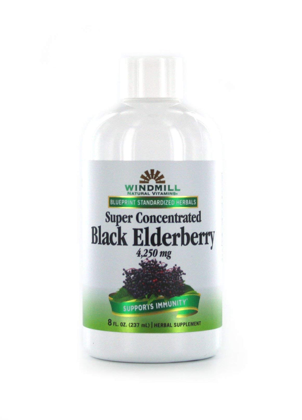Windmill Black Elderberry liquid bottle showing immune-support formula