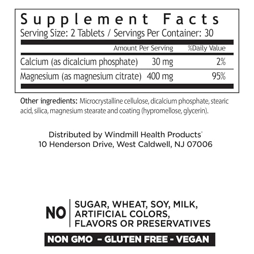 Windmill Magnesium Citrate two-tablet serving demonstrates 400 mg per serving