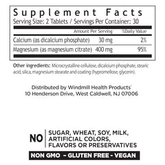 Windmill Magnesium Citrate two-tablet serving demonstrates 400 mg per serving