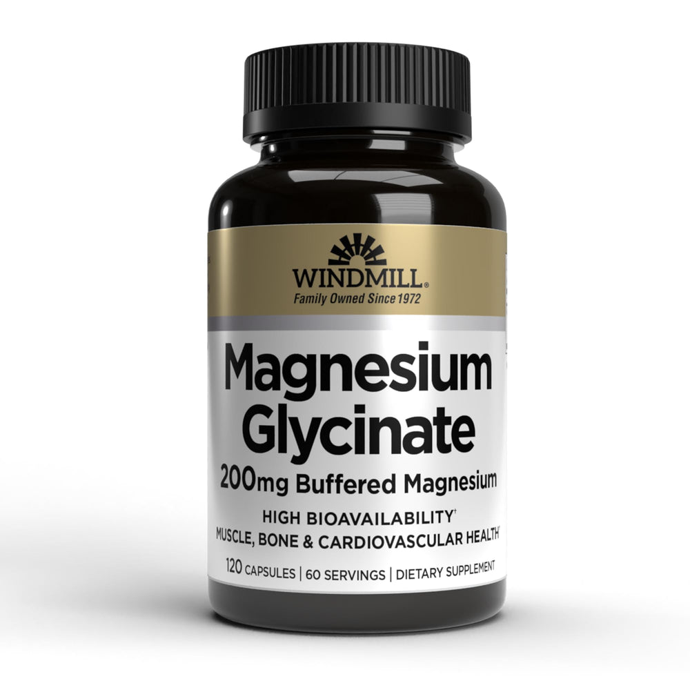 Windmill Magnesium Glycinate 200 mg bottle supports muscle function and heart health.