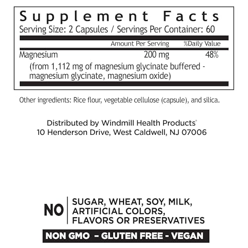 Windmill Magnesium Glycinate label shows gluten-free and non-GMO attributes.