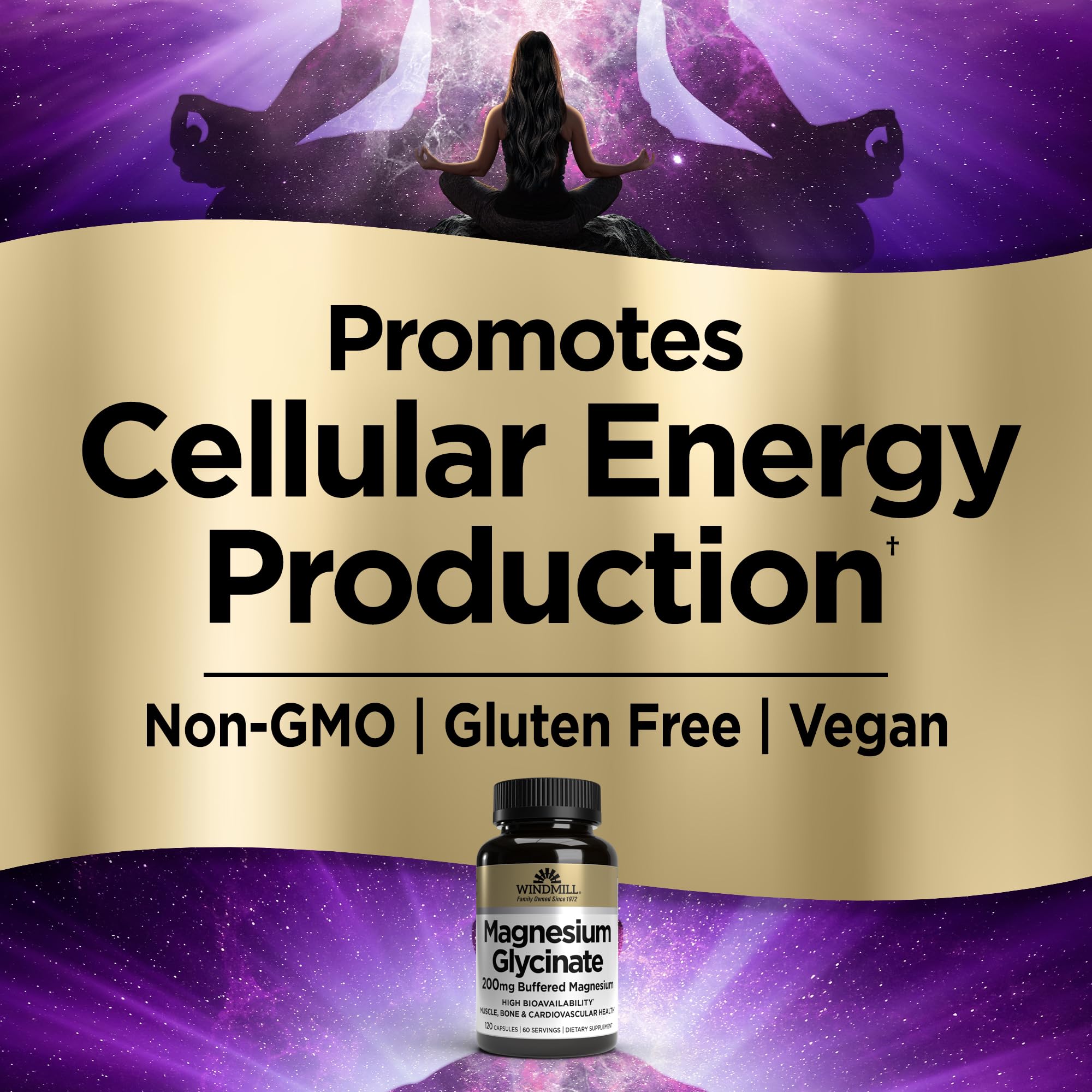 Windmill Magnesium Glycinate 200 mg packaging emphasizes non-GMO ingredients.