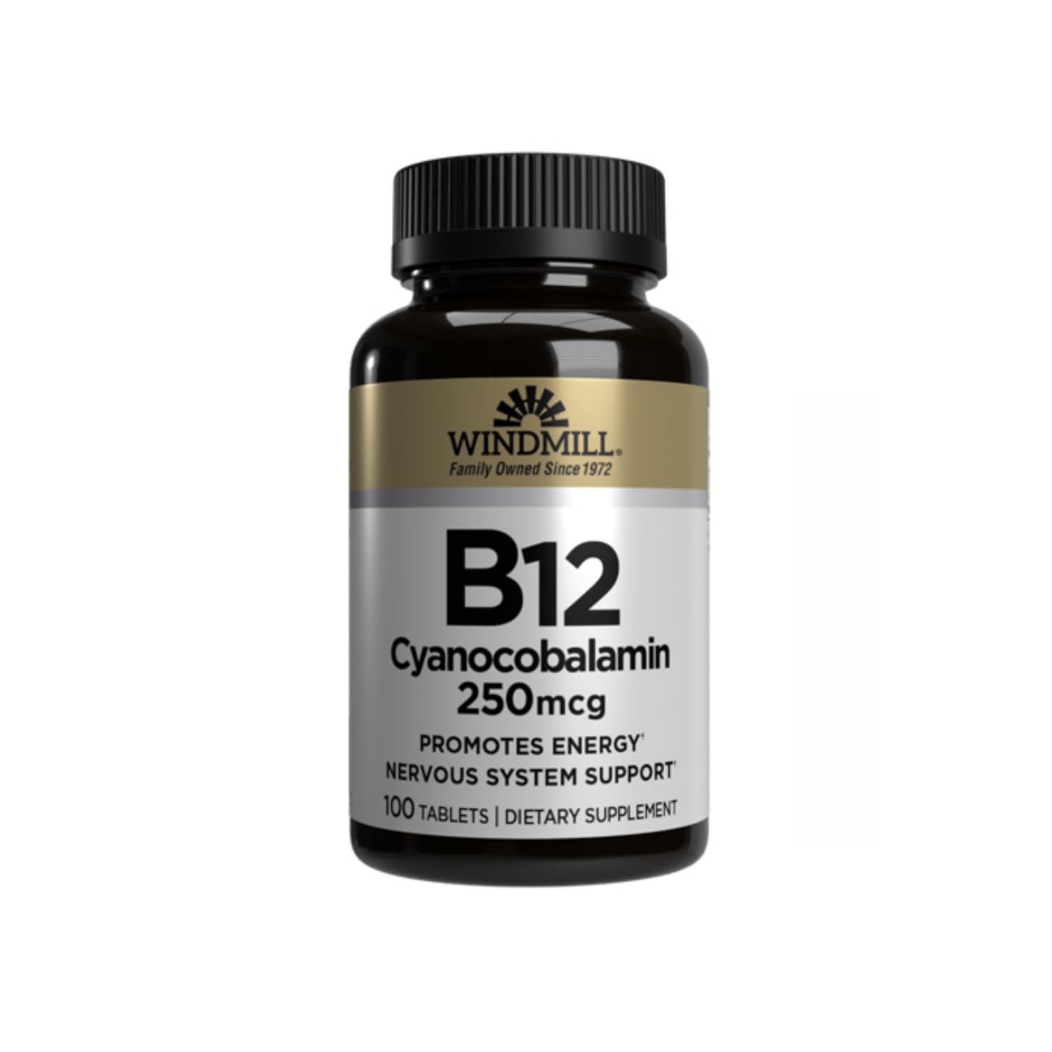Windmill Vitamin B-12 250 mcg tablets bottle for daily energy support