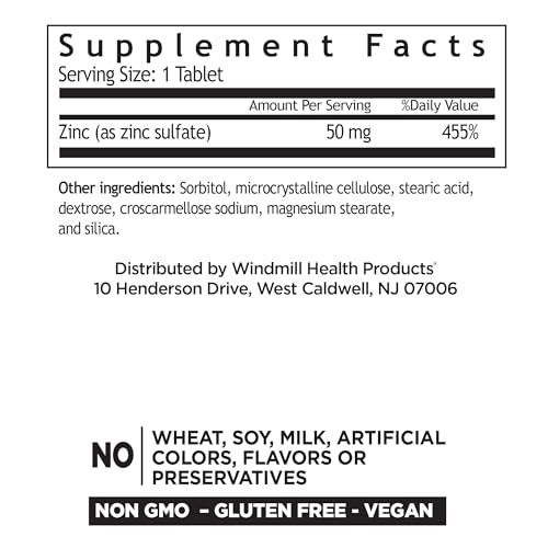 Windmill Zinc Sulfate Tablets close-up on label showing vegan and gluten-free attributes