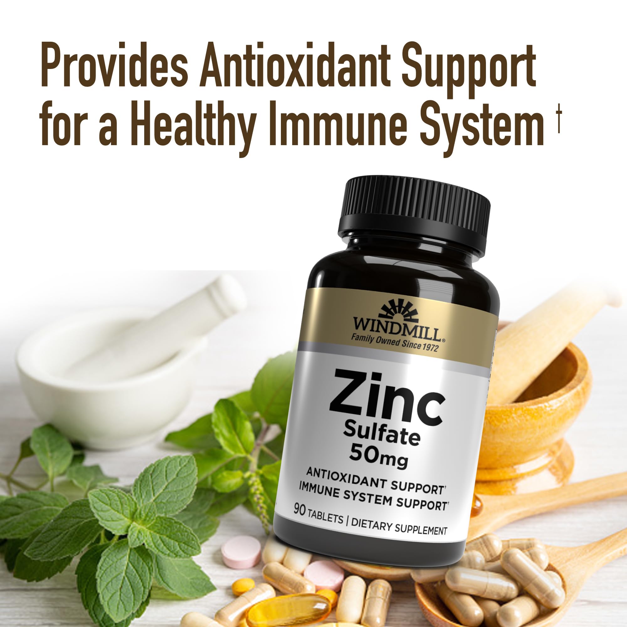 Windmill Zinc Sulfate Tablets label highlights no artificial colors or preservatives
