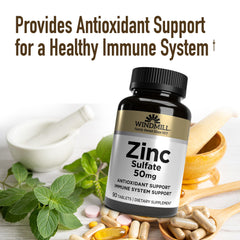 Windmill Zinc Sulfate Tablets label highlights no artificial colors or preservatives