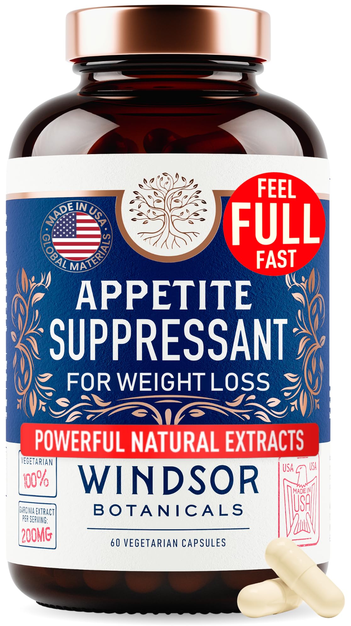 WINDSOR BOTANICALS appetite supplement bottle highlighting cravings control for daily use.