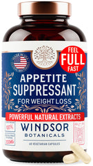 WINDSOR BOTANICALS appetite supplement bottle highlighting cravings control for daily use.