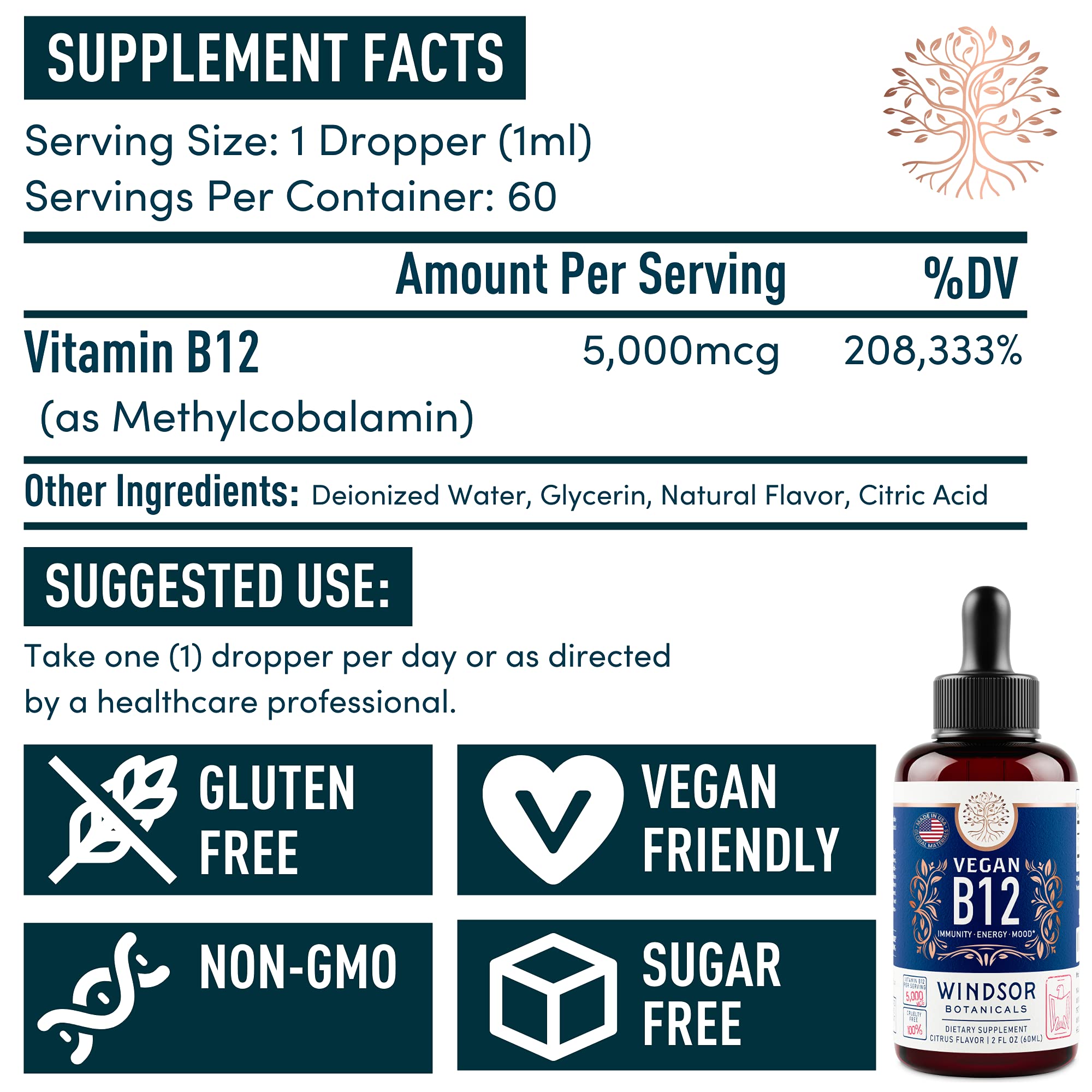 Windsor Botanicals bottle label highlighting non-GMO and gluten-free formula