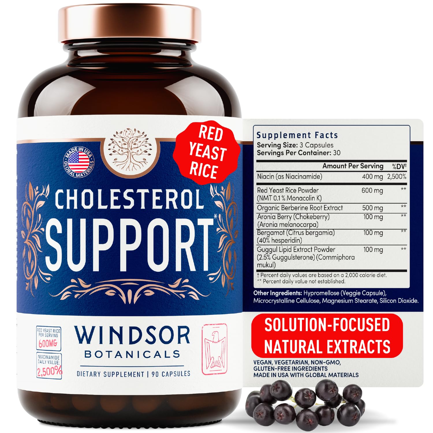 WINDSOR BOTANICALS cholesterol bottle front view showing vegan capsules for lipid support.
