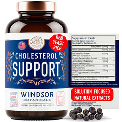 WINDSOR BOTANICALS cholesterol bottle front view showing vegan capsules for lipid support.