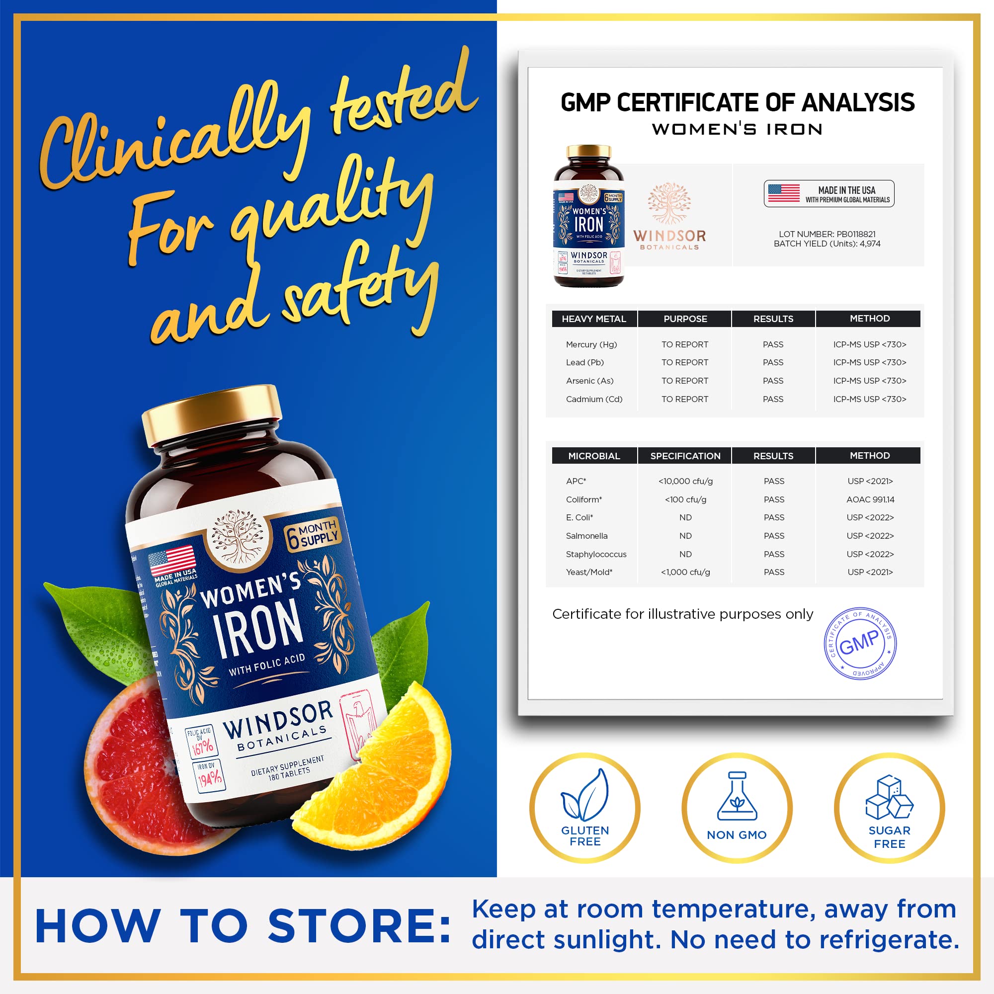 Windsor Botanicals gluten-free-non-gmo iron supplement suitable for vegan diets.