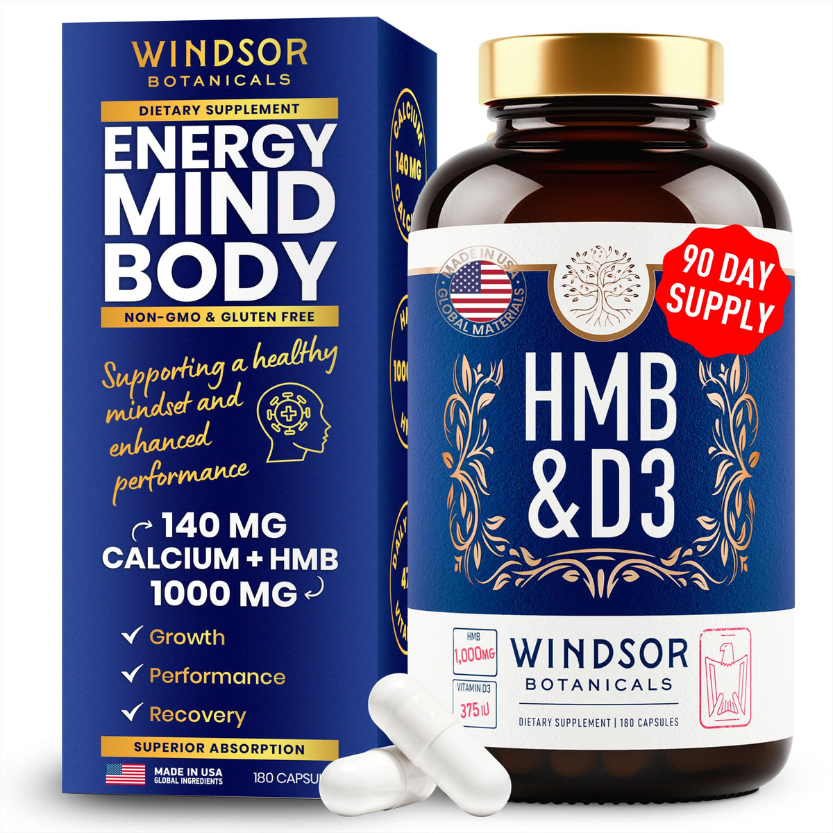 WINDSOR BOTANICALS HMB D3 bottle for daily lean muscle support