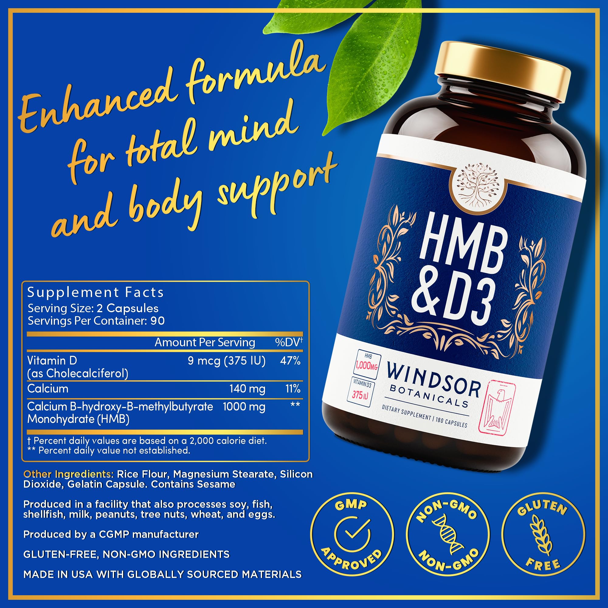 WINDSOR BOTANICALS HMB D3 label closeup with D3 and calcium notes