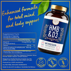 WINDSOR BOTANICALS HMB D3 label closeup with D3 and calcium notes