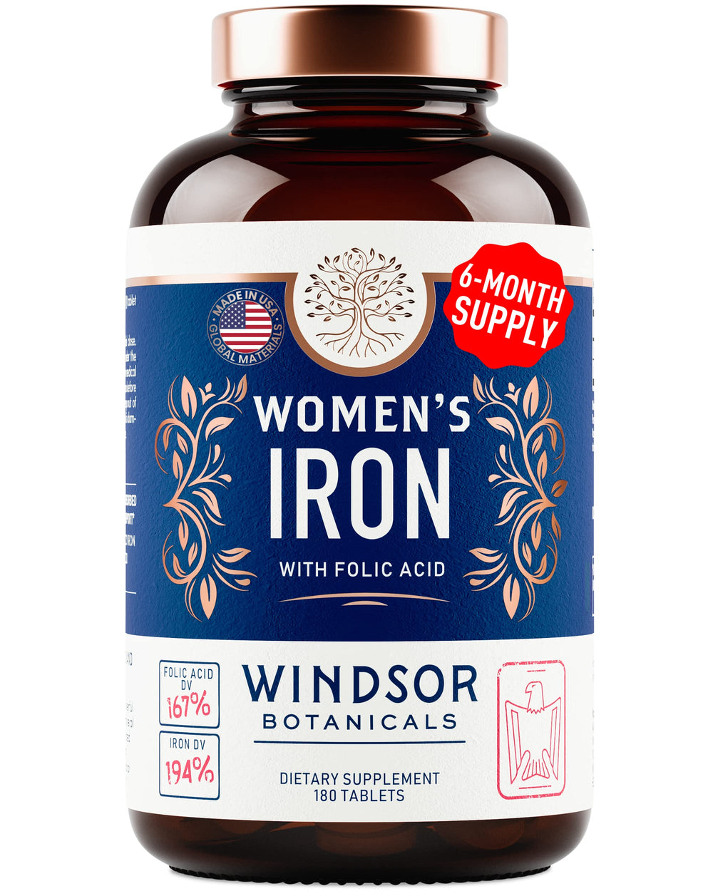 Windsor Botanicals iron-folate-balance supports hemoglobin and red blood cell production.