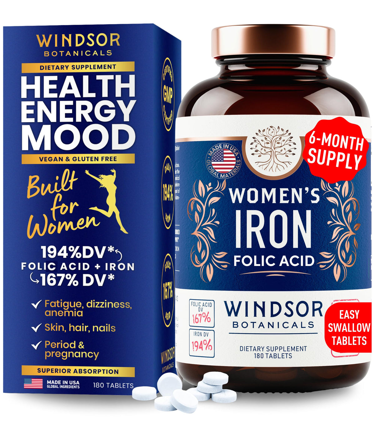 Windsor Botanicals iron-folic-acid-tablet supports daily energy and healthy iron levels.
