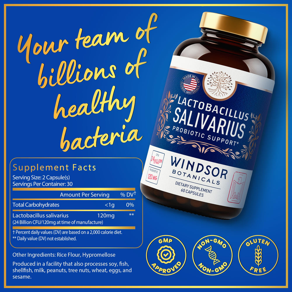 Windsor Botanicals Lactobacillus Salivarius packaging label highlights 24B CFU.