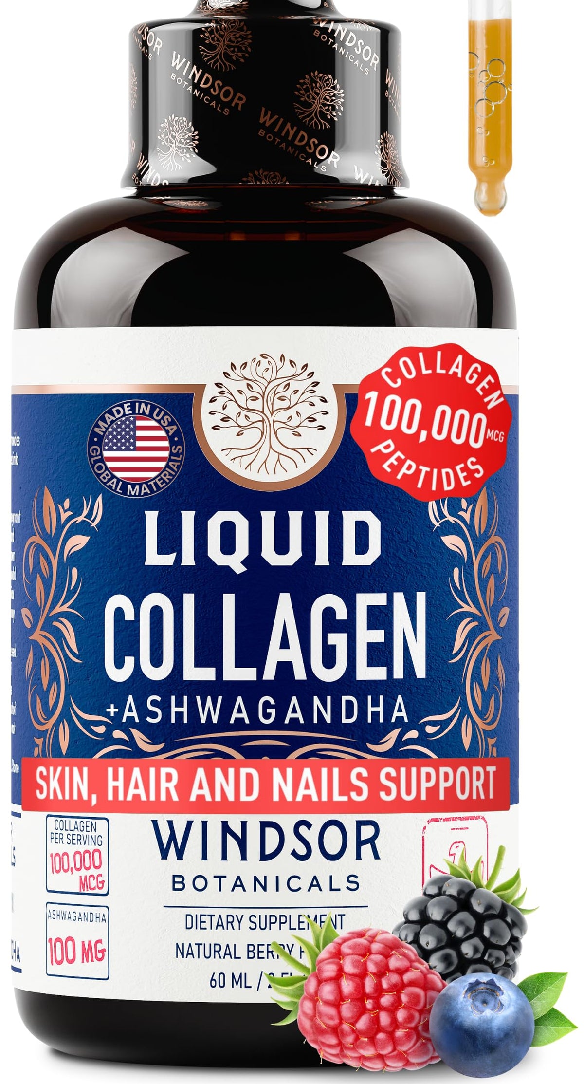 WINDSOR BOTANICALS liquid collagen drops bottle pour supports hair, skin and nails.