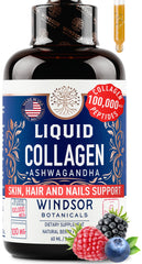 WINDSOR BOTANICALS liquid collagen drops bottle pour supports hair, skin and nails.