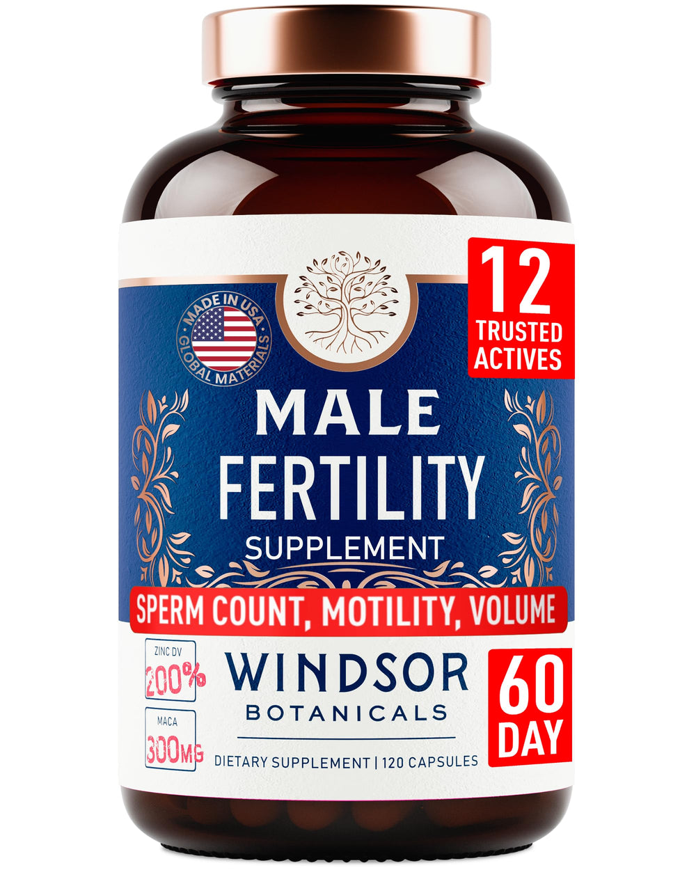 Windsor Botanicals male fertility maca capsules for vitality and natural conception potential.