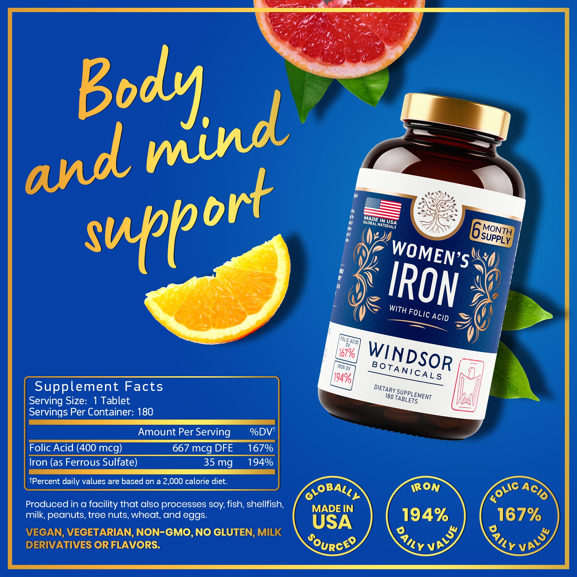 Windsor Botanicals non-constipating-formula iron supplement for smoother digestion.