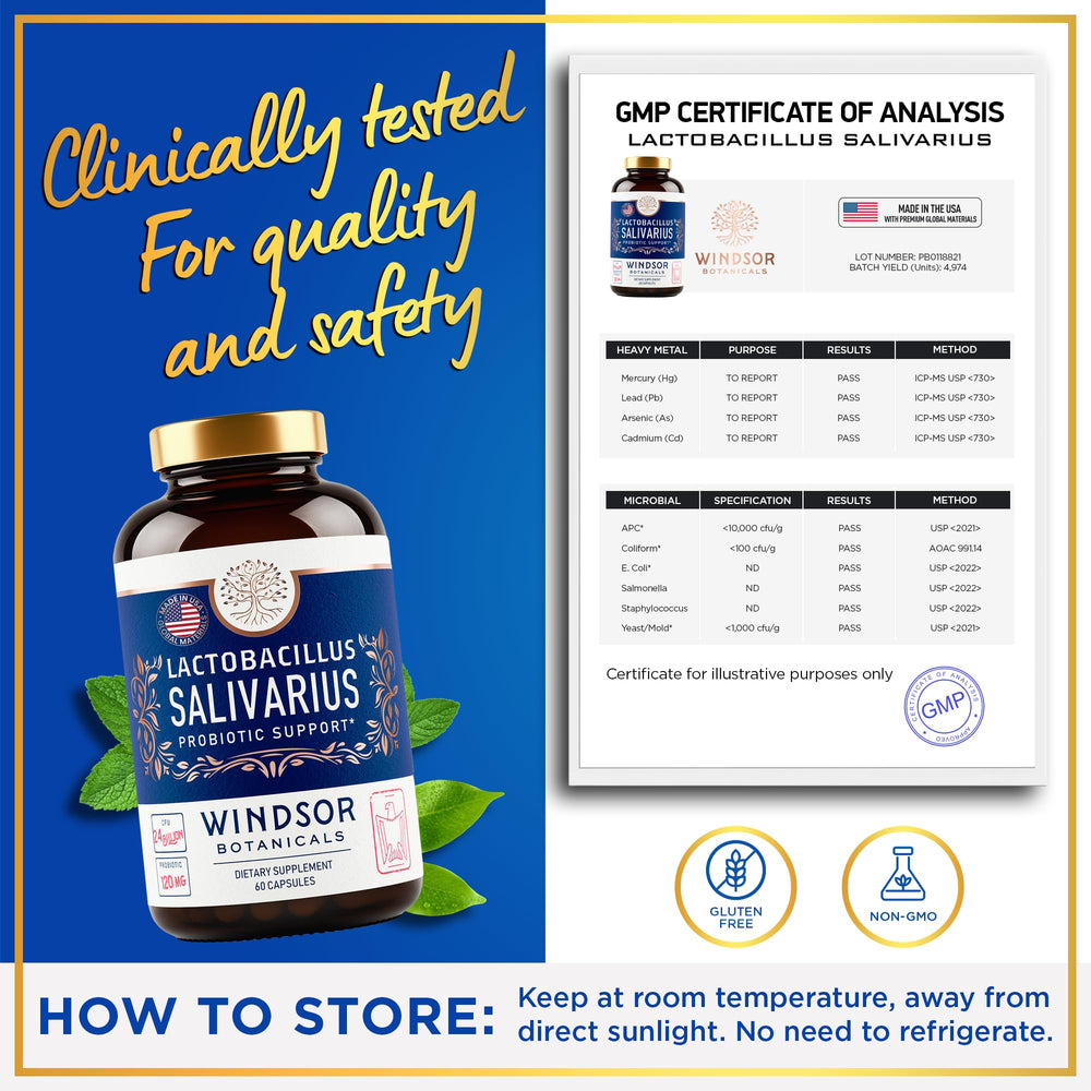 Windsor Botanicals probiotic bottle promotes fresh breath and daily confidence.