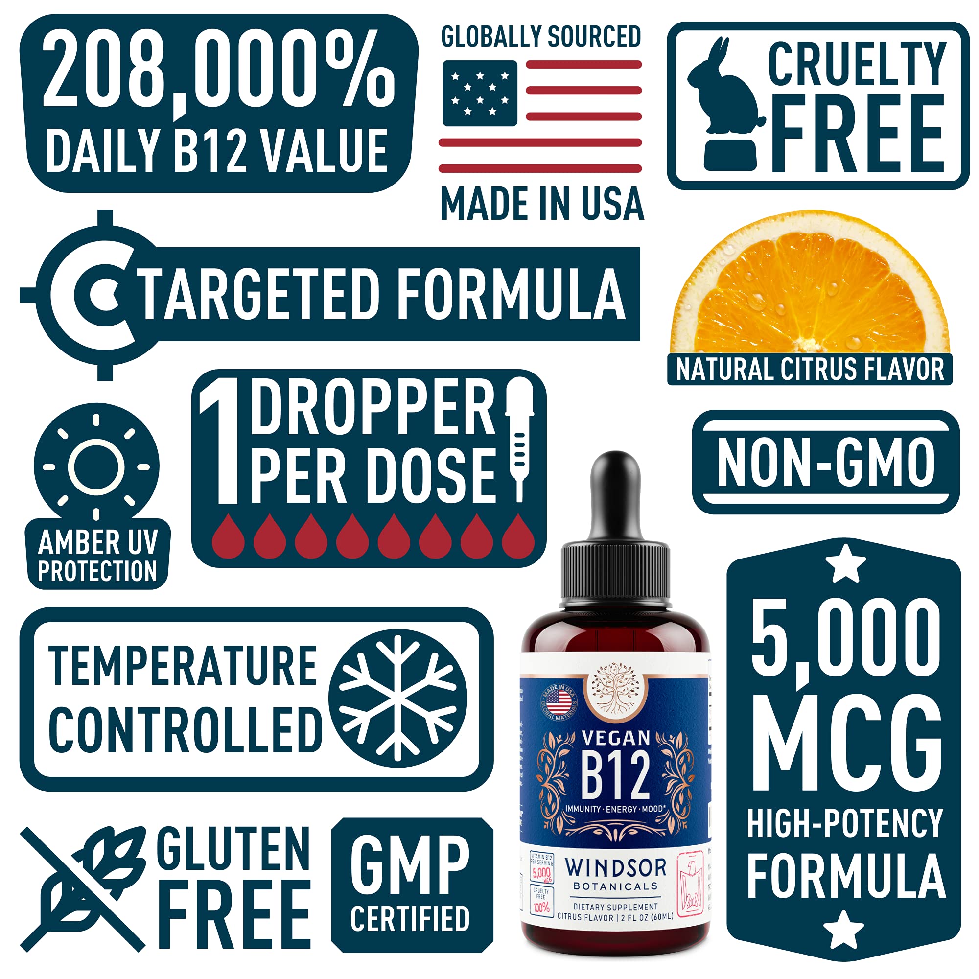 Windsor Botanicals sublingual B12 teardrop with citrus flavor for easy use