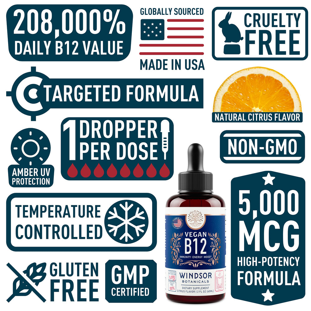 Windsor Botanicals sublingual B12 teardrop with citrus flavor for easy use