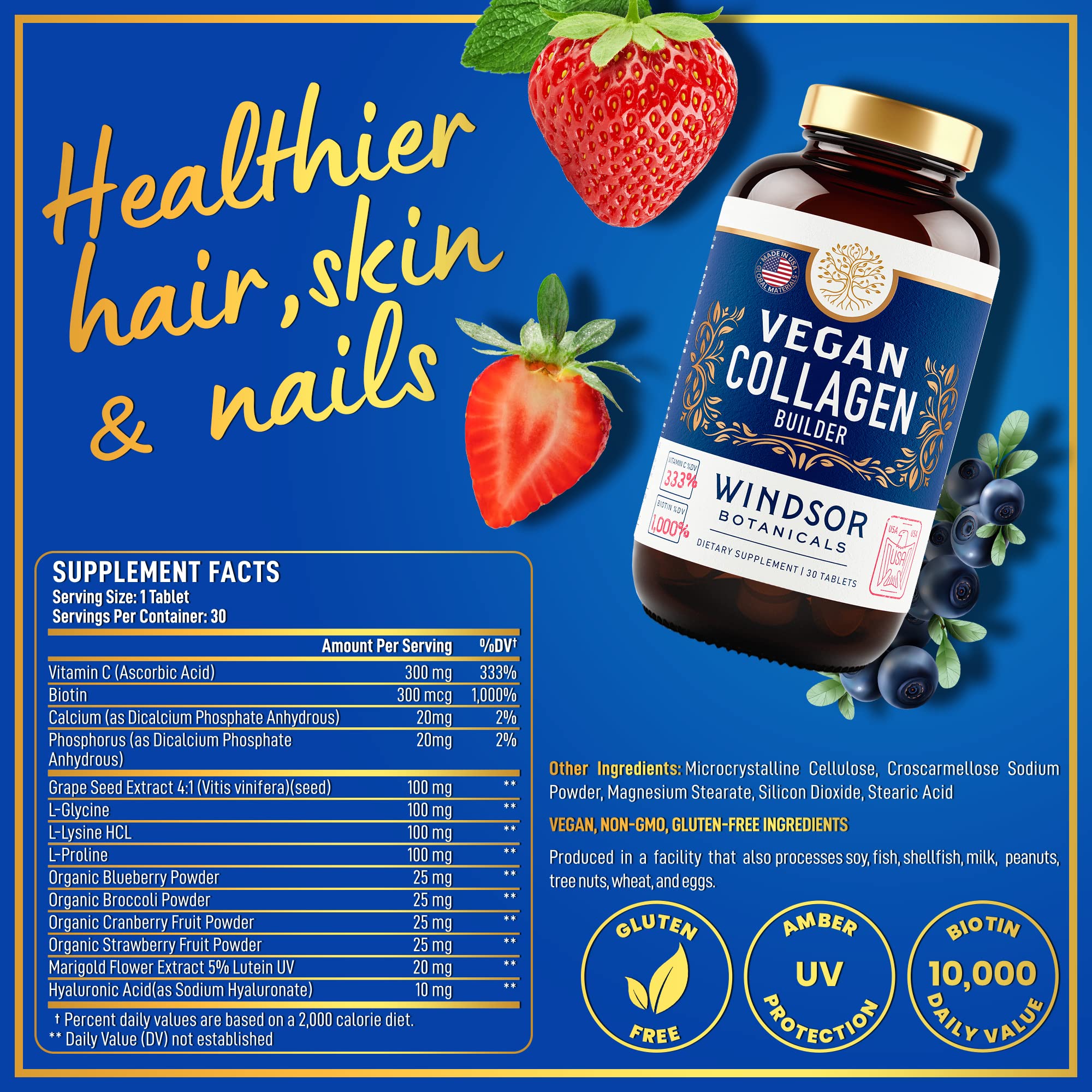 WINDSOR BOTANICALS vitamin C and biotin ingredients highlight essential nutrients