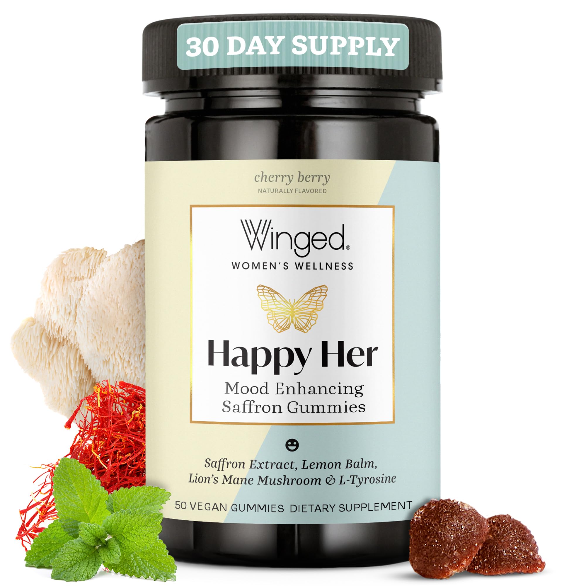 Winged Happy Her Mood Gummies bottle front showing mood support packaging
