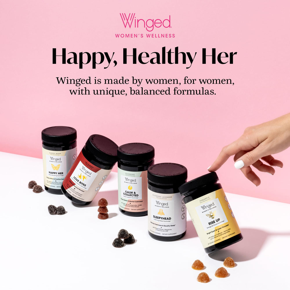 Winged Happy Her Mood Gummies closeup emphasizing texture and citrus notes