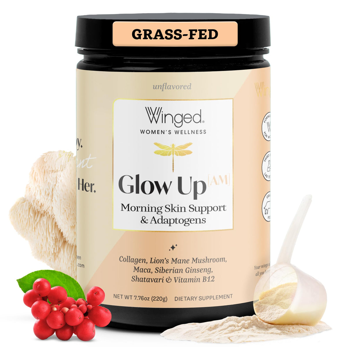 Winged Wellness Glow Up AM bottle pour for a seamless morning routine.