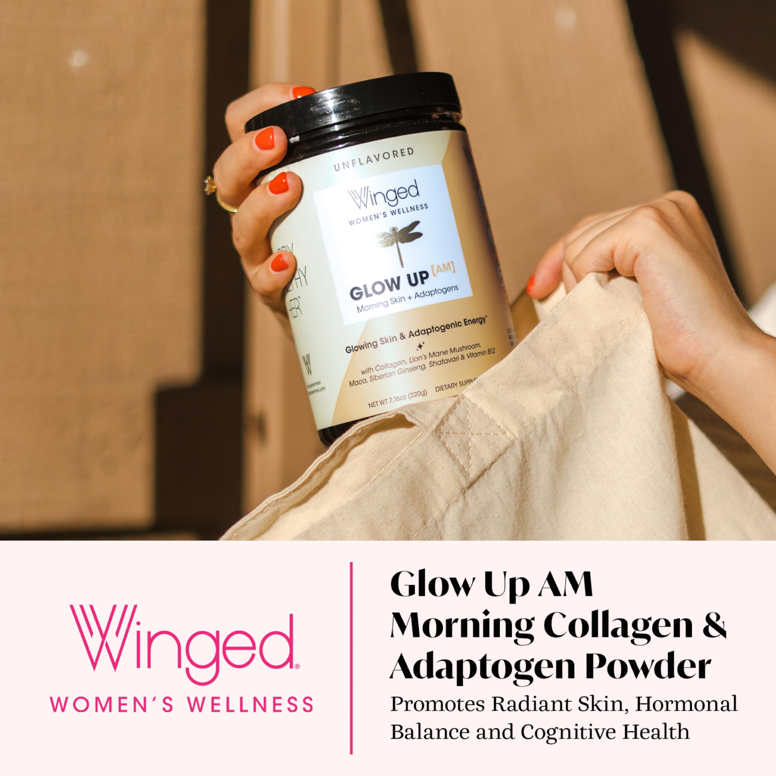 Winged Wellness Glow Up AM collagen powder close-up highlights grass-fed peptides.