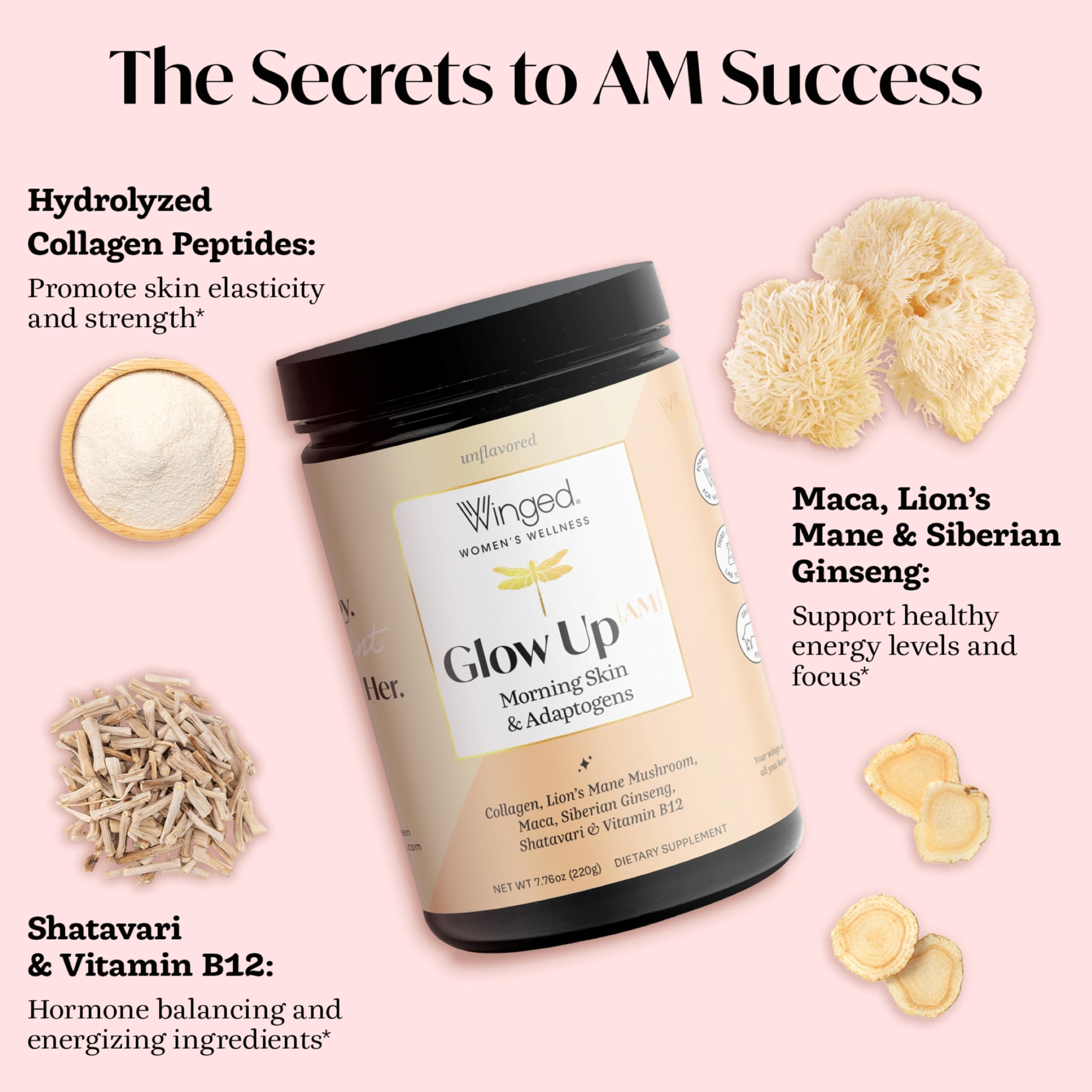 Winged Wellness Glow Up AM ingredients label communicates quality and third-party testing.
