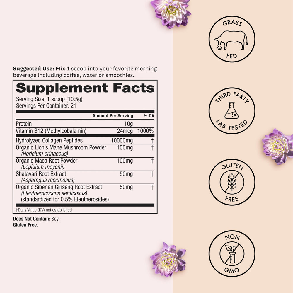 Winged Wellness Glow Up AM maca root focus image suggests natural energy.