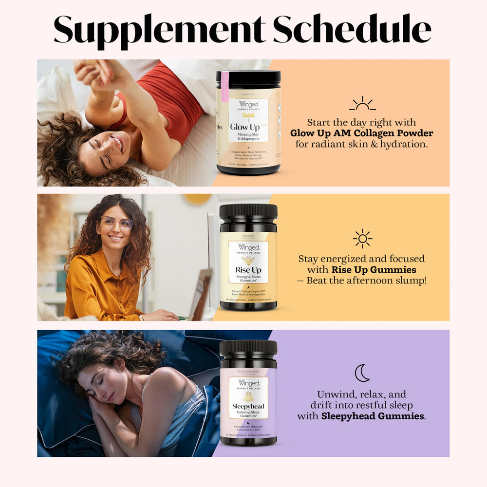 Winged Wellness Glow Up AM Siberian ginseng shot signals balanced energy.