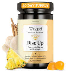 Winged Wellness Rise Up bottle front showing pineapple gummies for focused energy