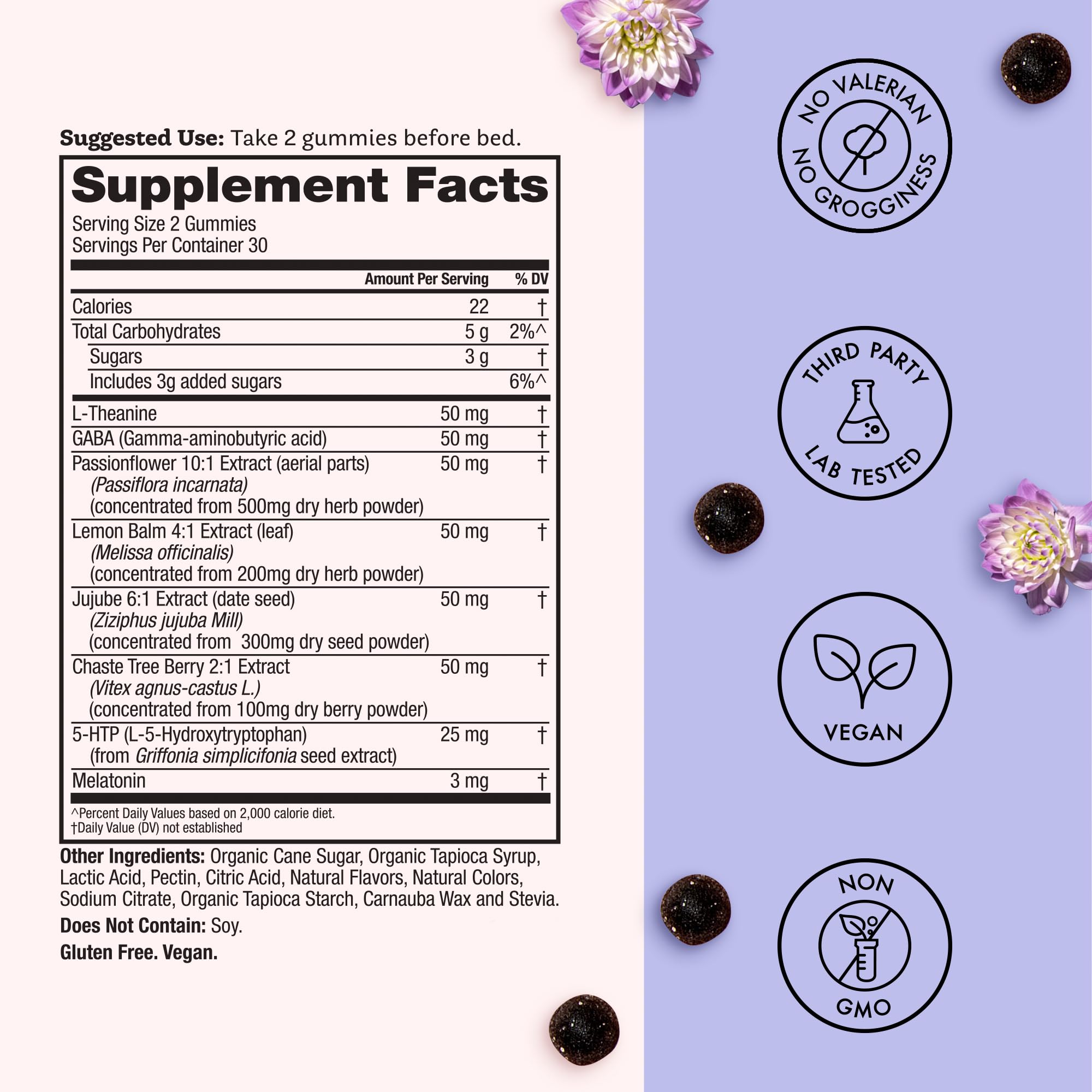 Winged Wellness Sleepyhead ingredients label with melatonin and calming botanicals