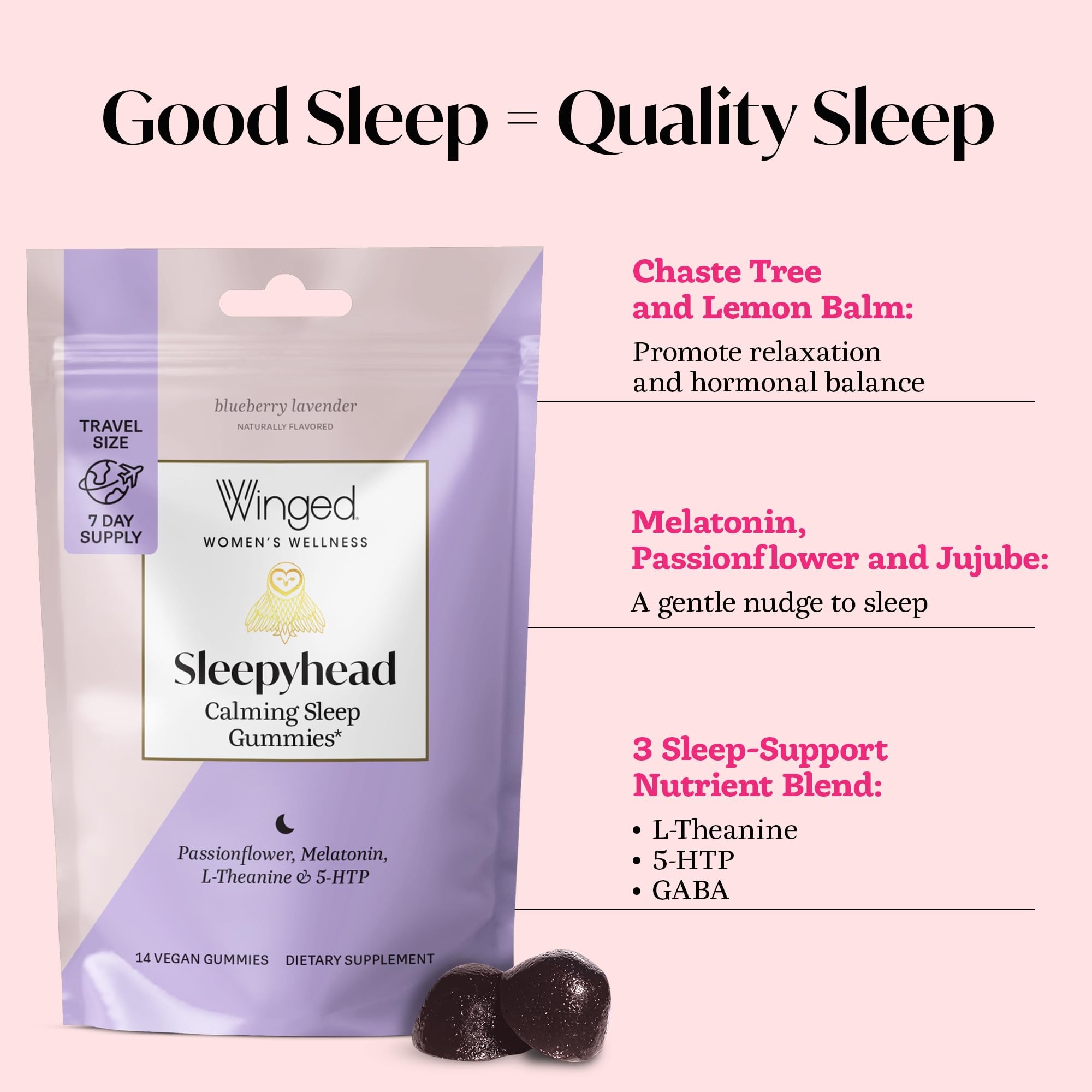 Winged Wellness Sleepyhead gummies on a surface highlighting chewy bites