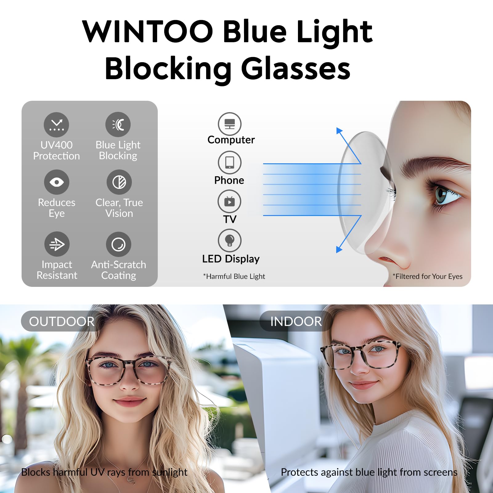 WINTOO blue light glasses with phone use, clear viewing and reduced screen strain.