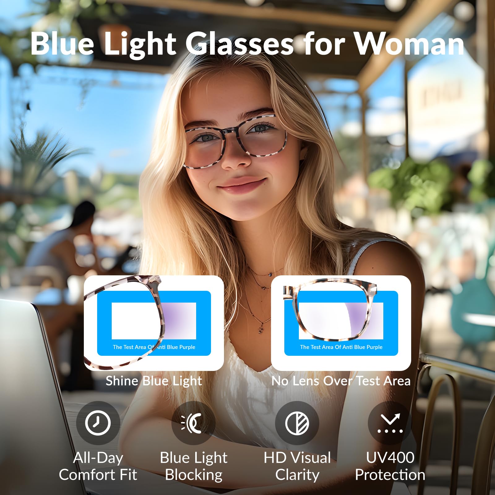 Close-up of WINTOO square-frame blue light glasses, lightweight and durable for daily wear.