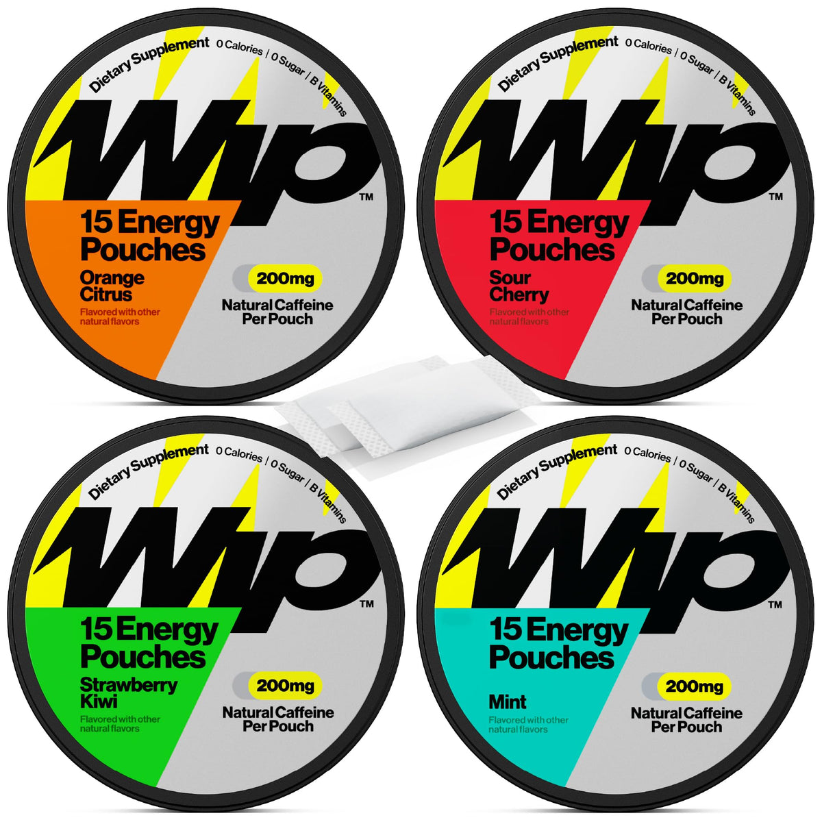 Wip Energy Pouches front pack shows zero calories and bold flavors.