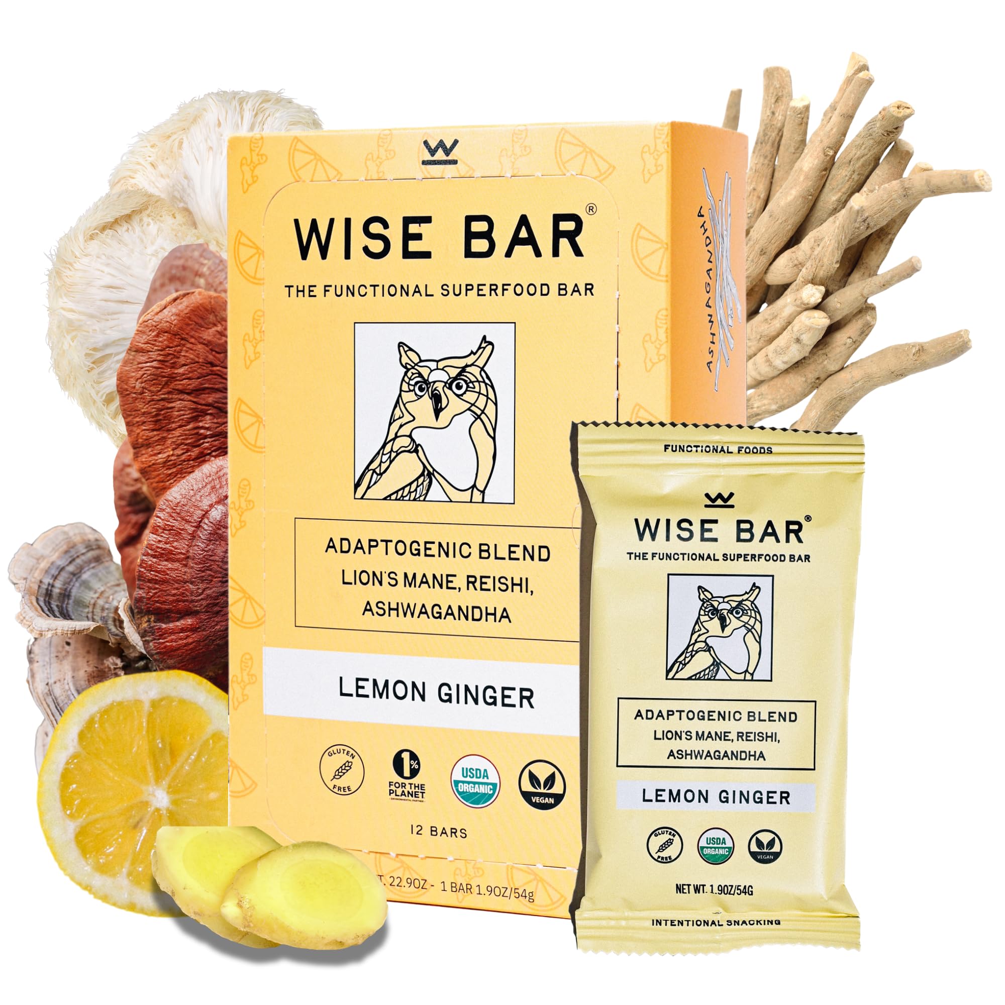 WISE BAR lemon ginger packaging shows on-the-go wholesome snacking.