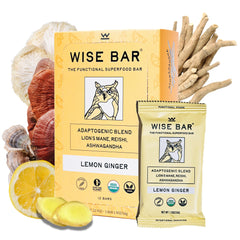 WISE BAR lemon ginger packaging shows on-the-go wholesome snacking.
