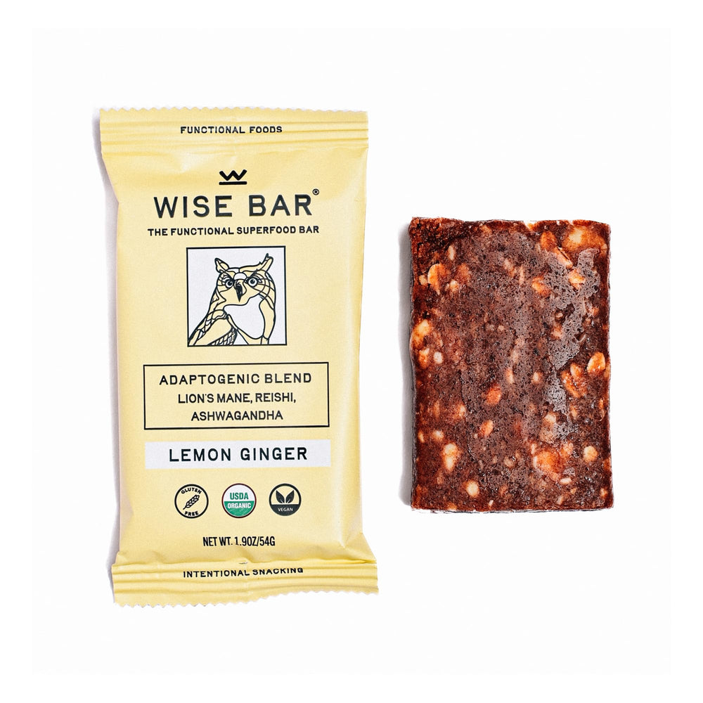 WISE BAR organic ingredients close-up featuring dates, oats, cacao chips and almonds.