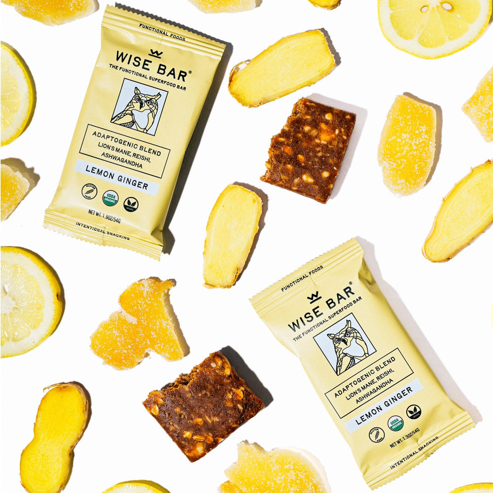 WISE BAR reishi lions mane turkey tail mushrooms illustrate adaptogen blend for focus.