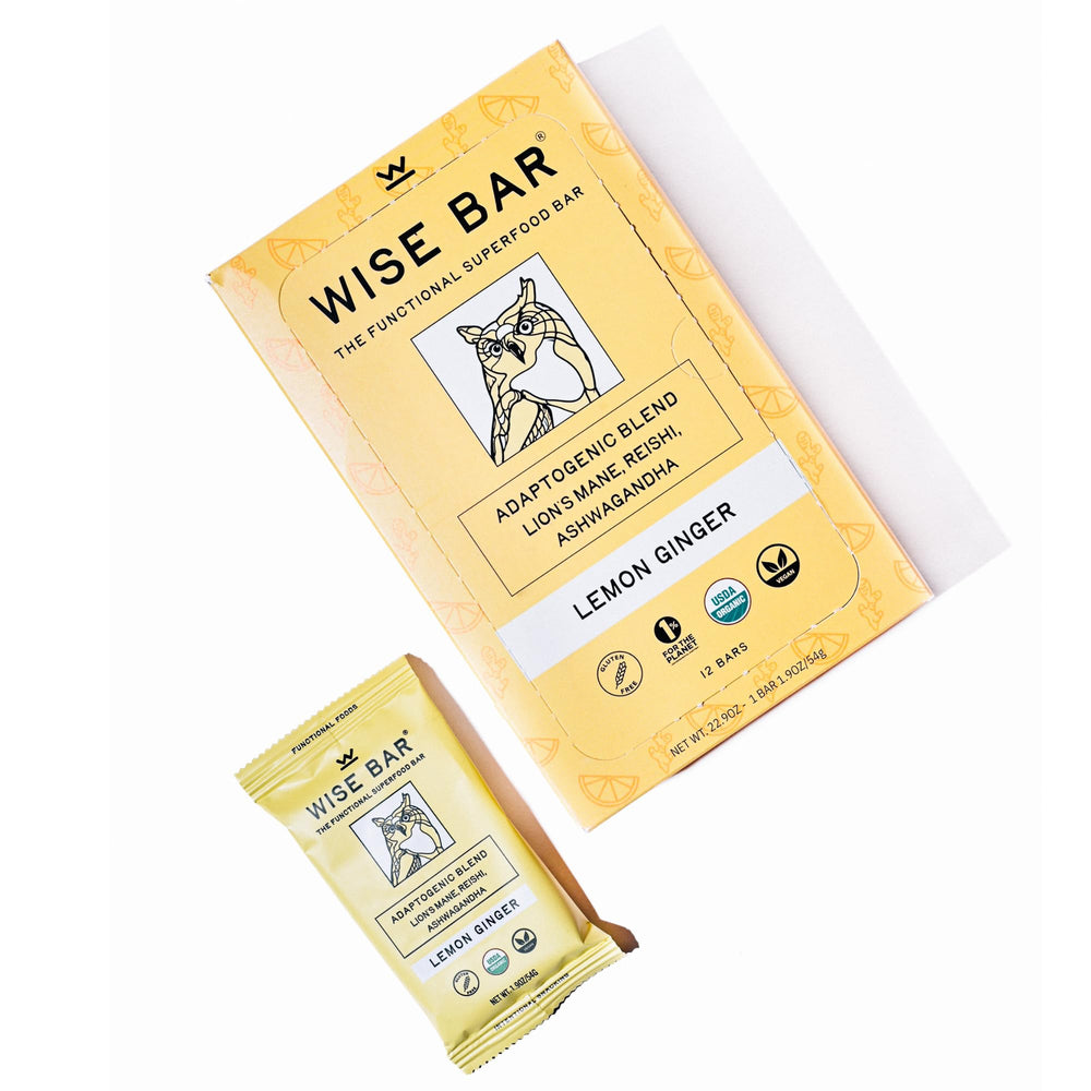 WISE BAR vegan gluten-free badge signals clean plant-based snack options.